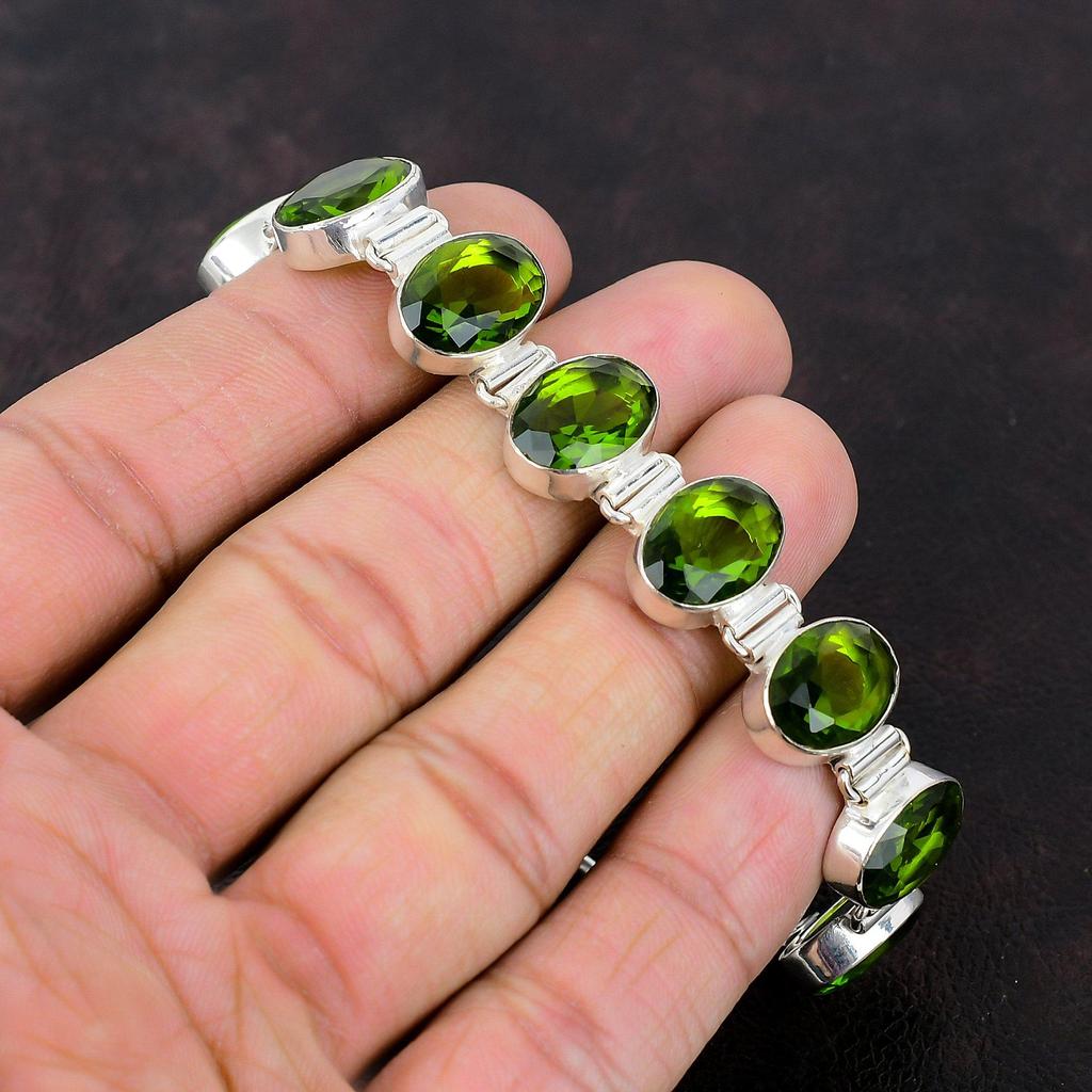 Граненый браслет с перидотом Ювелирные изделия ручной работы Браслет из настоящего драгоценного камня Браслет из стерлингового серебра 925 пробы Регулируемый браслет-цепочка Подарки на годовщину