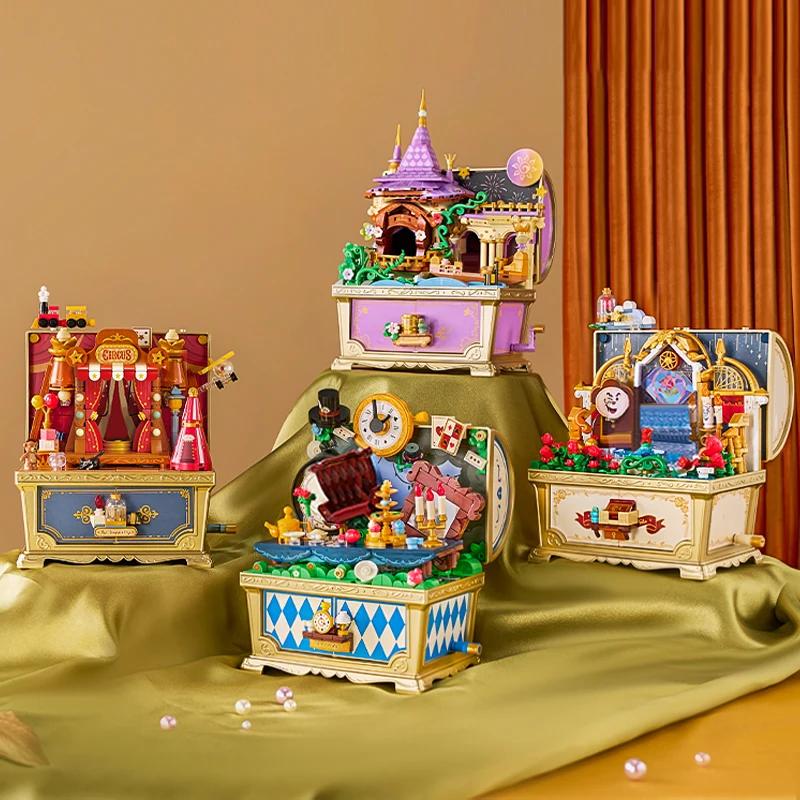 Non-Toxic Fairytale Music Box Treasure Chest Fairy Tale Scene Model Bricks Set With Mini Figure Doll Desktop Deco Kids Diy Toys Children Gifts