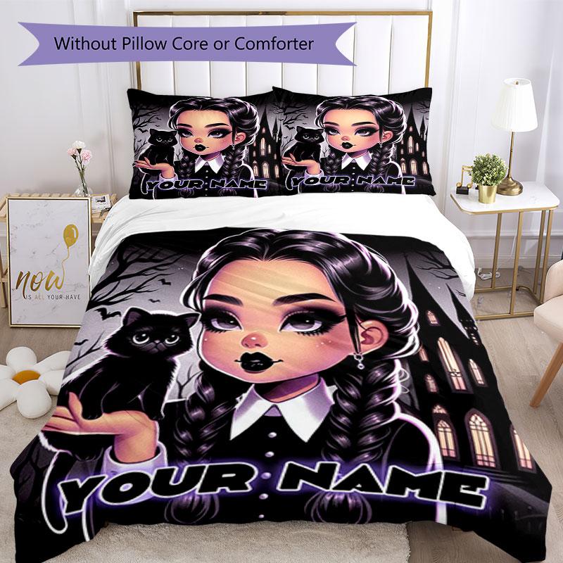 3PC Custom Name Gothic Cat Girl Artwork Bedding Set Printed Bedding Set Duvet Cover Closure Includes 1 Duvet Cover & 58 Pillowcases for Bedroom