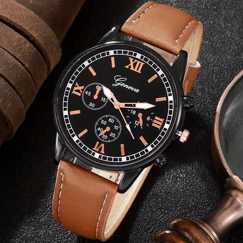 2pcs Set Men Watch Fashion Business Quartz Wrist Watches Brown PU Leather Strap and Weaving Bracelet Men Clock Gift Set