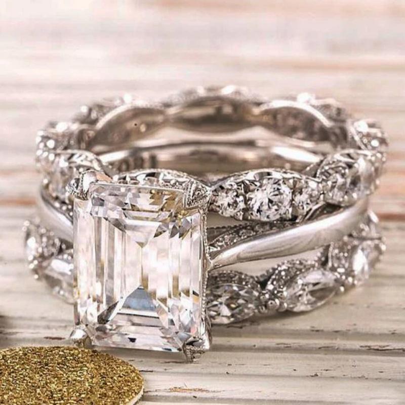 Trendy Exquisite Three Piece Set Inlay Green Color Square Shiny Zircon Engagemen Ring For Women Accessories Gifts Custom Jewelry