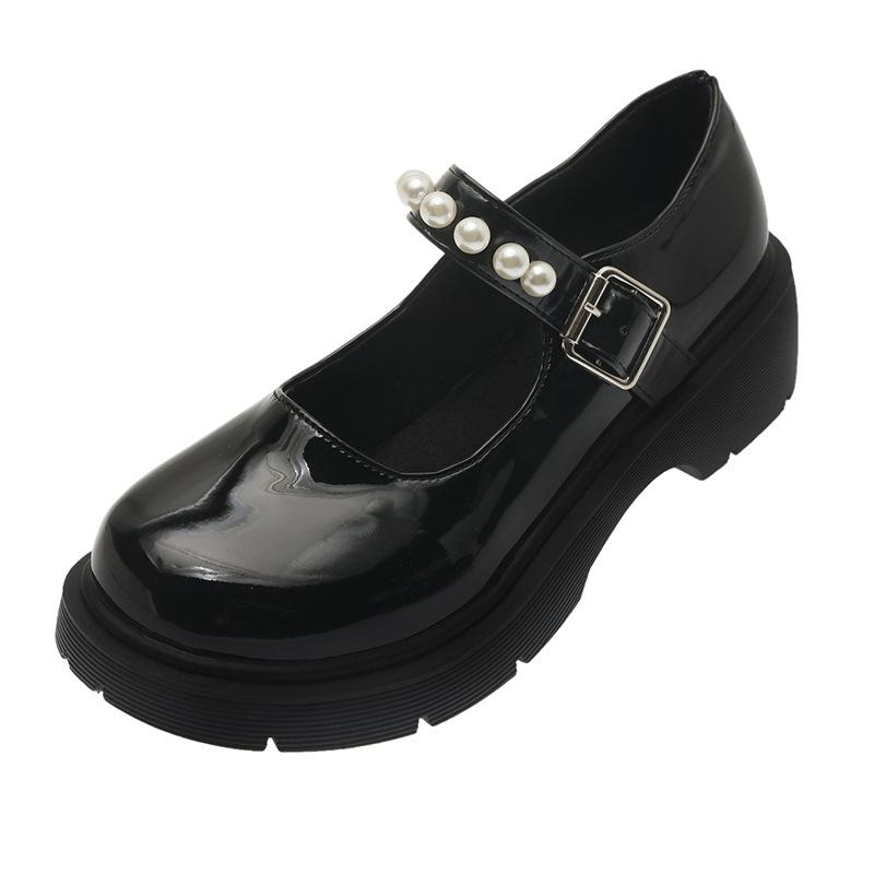 Туфли Мэри Джейн женские осень 2025 новые большие головки легкие маленькие кожаные туфли одно слово с жемчужным толстым каблуком одинарные туфли