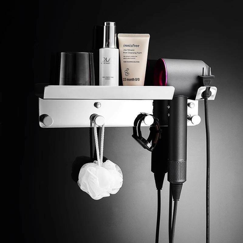Punch-Free 304 Stainless Steel Hair Dryer Holder: Universal Wall-Mounted Rack for Hotel Bathrooms.