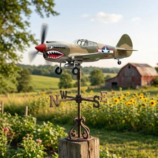 Shark Mouth Warplane Wind Spinner Metal Weather Vane Kinetic Shark Fighter Windmill Sculpture Outdoor Garden Yard Patio Lawn Decoration