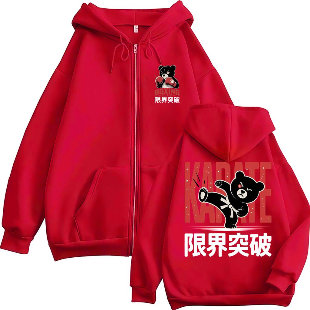 Funny Boxing Club Karate Bear Zipper Hoodie Men Women Fashion Vintage Zip Up Sweatshirt Fleece Oversized Cotton Casual Jackets