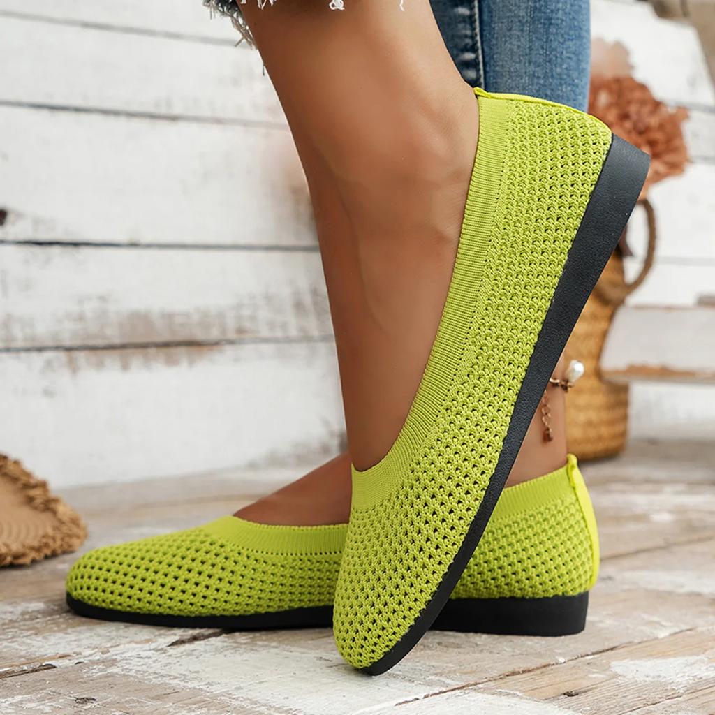 Fashion Women Round Toe Flat Shoes Solid Color Knitted Slip On Shoes Casual Breathable Ballet Flats Women Flat Shoes Loafers Women