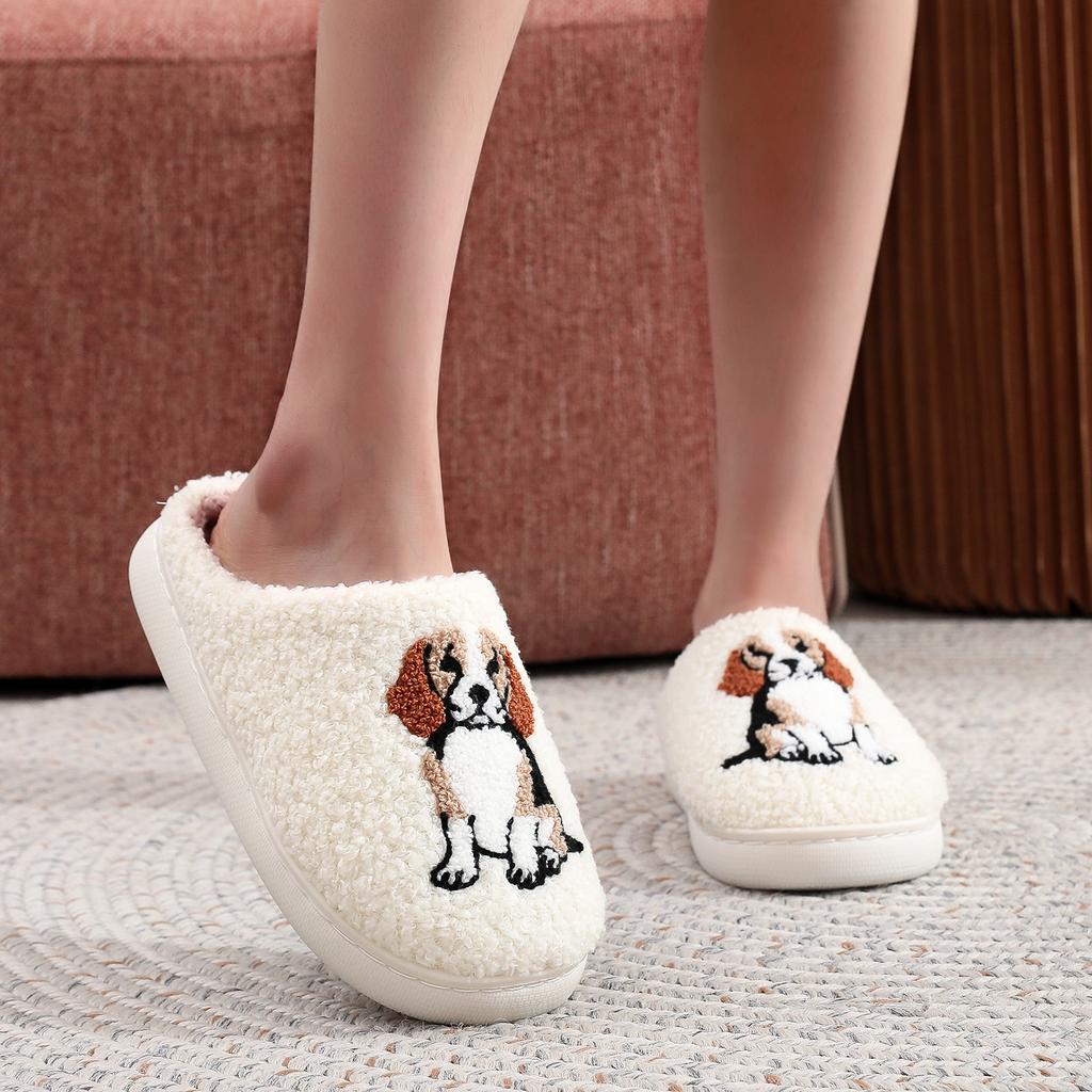Farmer Ranch Horse Pattern Embroidered Plush Home Thick-Soled Comfortable Furry Slippers Cute Warm Non-Slip Indoor Slippers