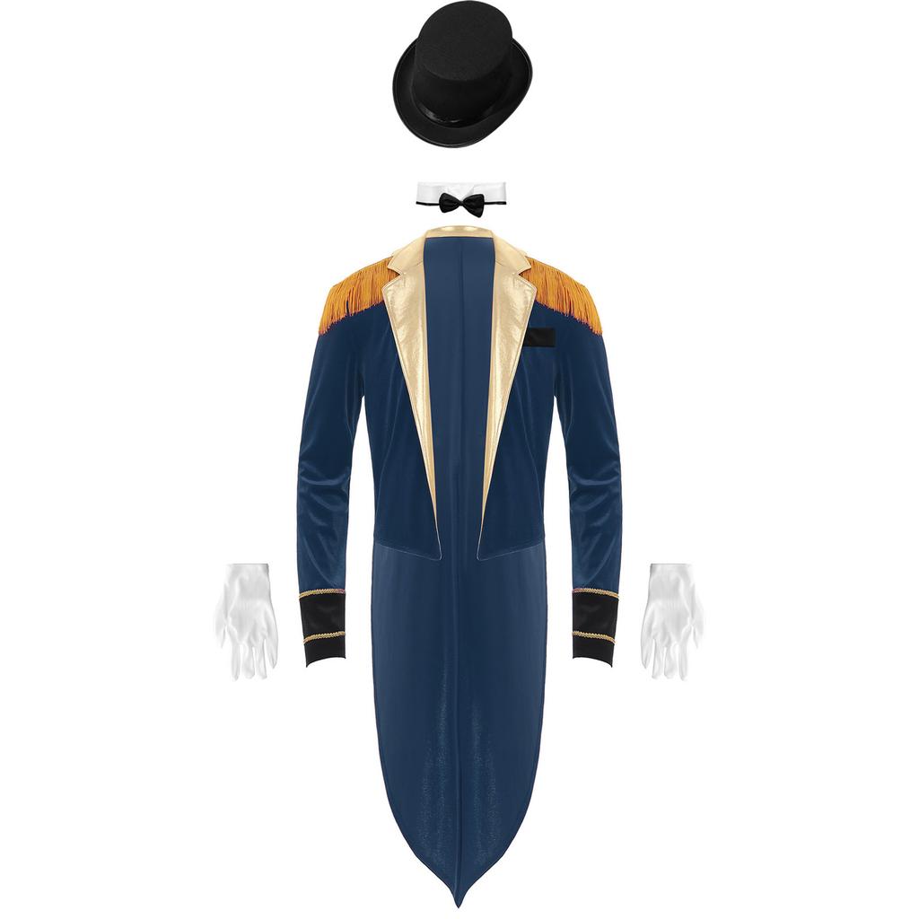 Мужской костюм циркового конферансье, комплект, сюртук с лацканами и бахромой на плечах, длинный рукав, шляпа, воротник, перчатки, карнавальный косплей