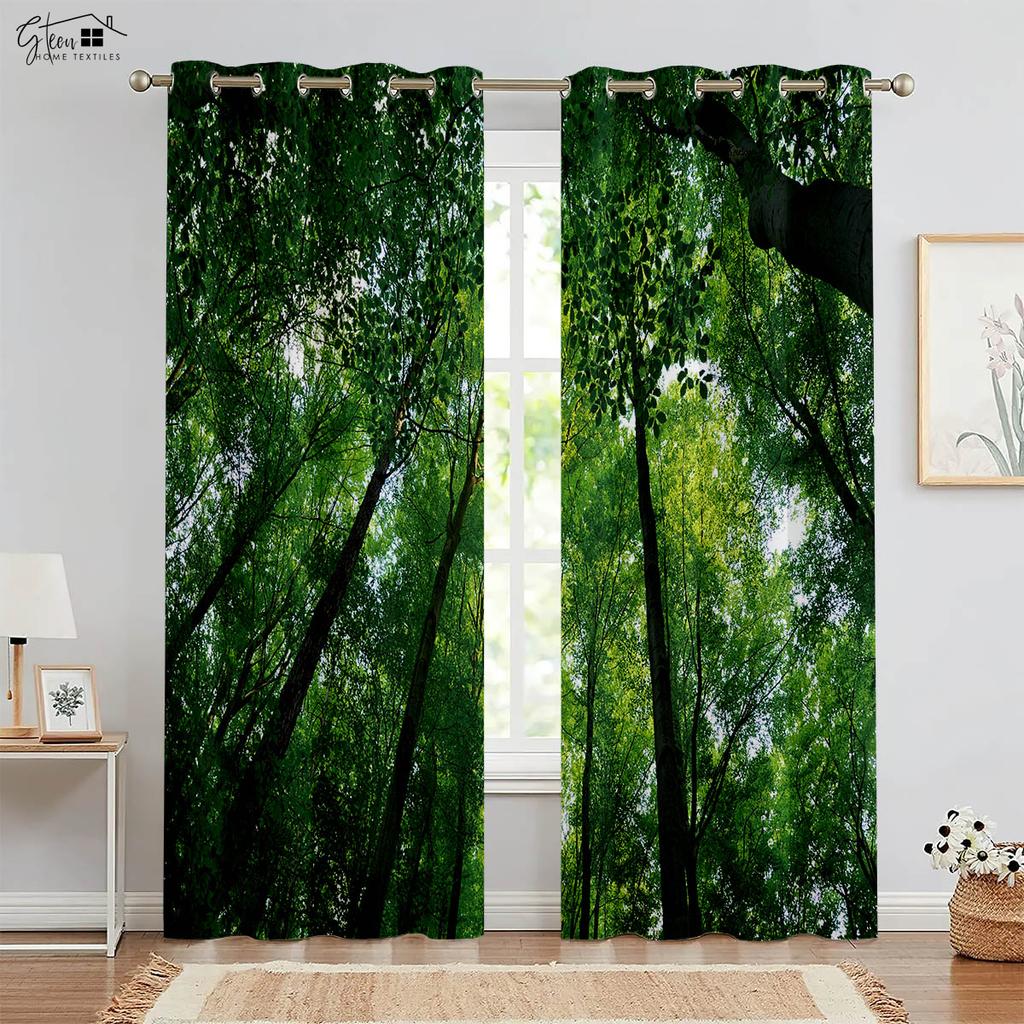 Природа Лесной пейзаж 3D Печать Шторы Зеленый Пастораль Солнечный свет Натуральный Аэробика B&B Отель Спальня Гостиная Шторы 2 ШТ