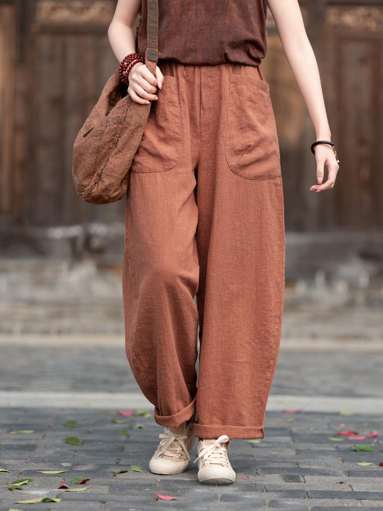 Johnature Women Vintage Harem Pants Solid Color Patchwork Pockets Trousers Elastic Waist Loose Pants