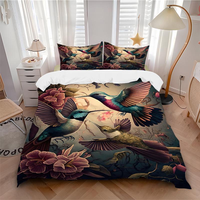 3pcs Whirling Hummingbirds Bedding Set, Including 1 Quilt Cover and 2 Pillow Shams, Without Filling, Soft and Comfortable Home Bedroom Fabric, Fa