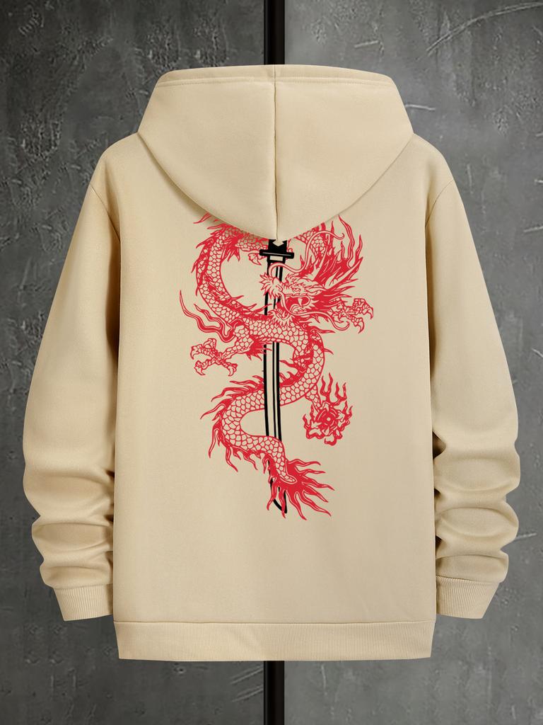 Vintage Black Hooded Sweatshirt with Back Red Dragon Wrapping Katana Sword Graphic Print