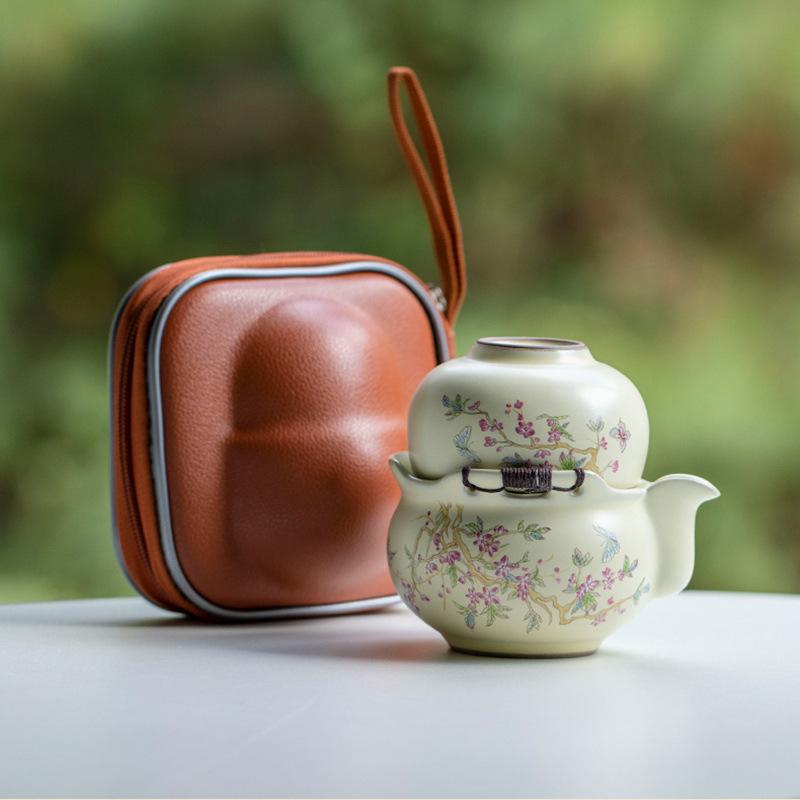 Beige Wisteria Flower Ru Kiln Kuaike Cup Portable Tea Set One Pot One Cup Personal Brewing Teapot Kung Fu Tea