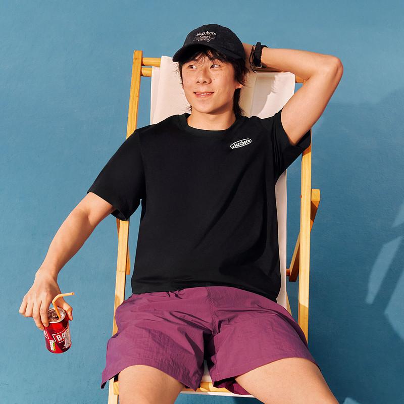 Skechers Вязаный пуловер с круглым вырезом, свободная футболка с коротким рукавом, унисекс, топ L226U021-0018