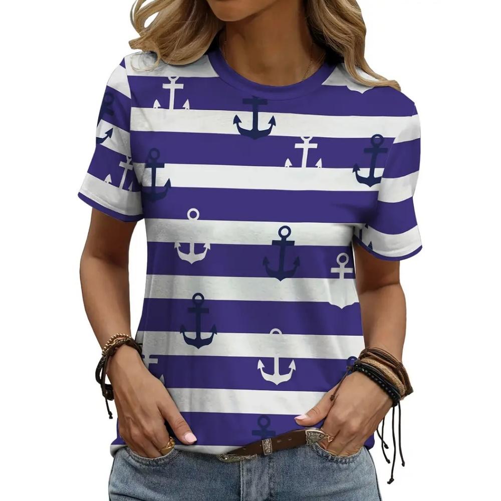 Fashion Boat Anchor Pattern Women's Clothing Summer Striped Patchwork Color Round Neck Short Sleeved Tops Loose Casual Oversize