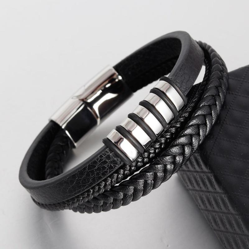 Fashion Classic Black Leather Braided Magnetic Buckle Bracelets for Men's Trendy Charm Casual Party Jewelry Gift