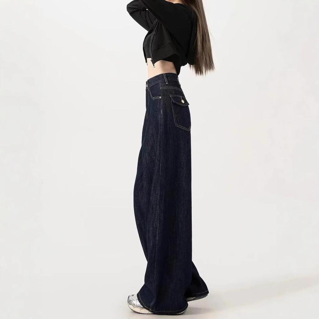 Женские темно-синие джинсы с высокой талией, широкими штанинами моп, в американском стиле, стройнящие, модные весна/осень 2025