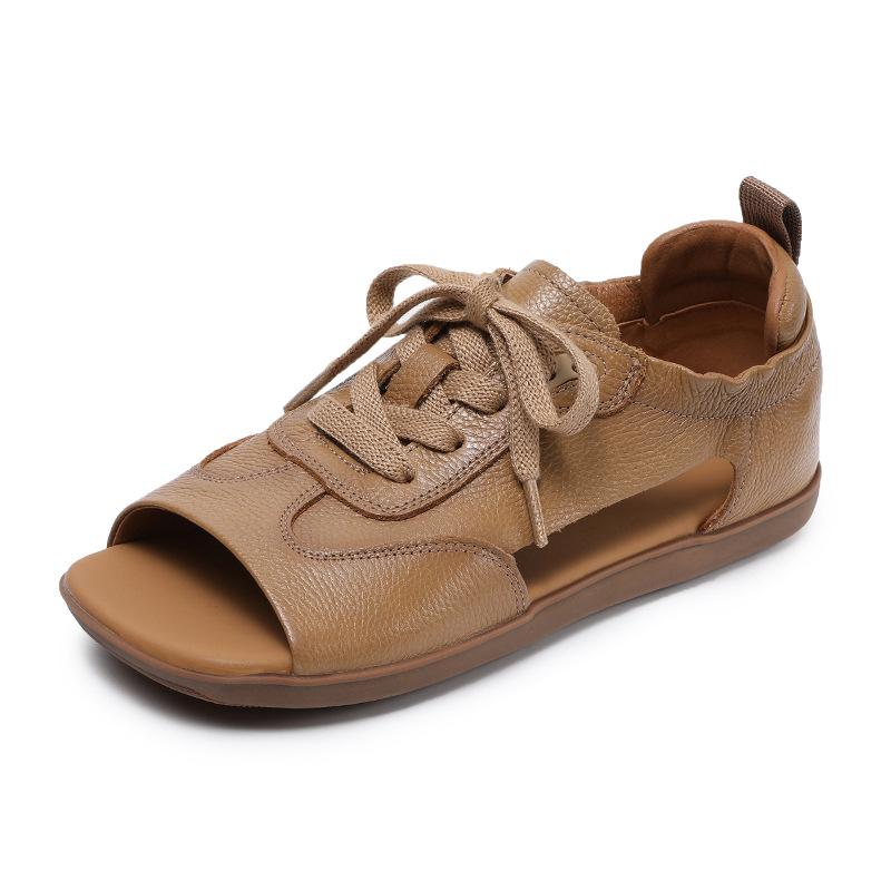 Johnature Сандалии из натуральной кожи с открытым носком, в стиле ретро, на плоской подошве, со шнуровкой, на мягкой подошве, женские туфли