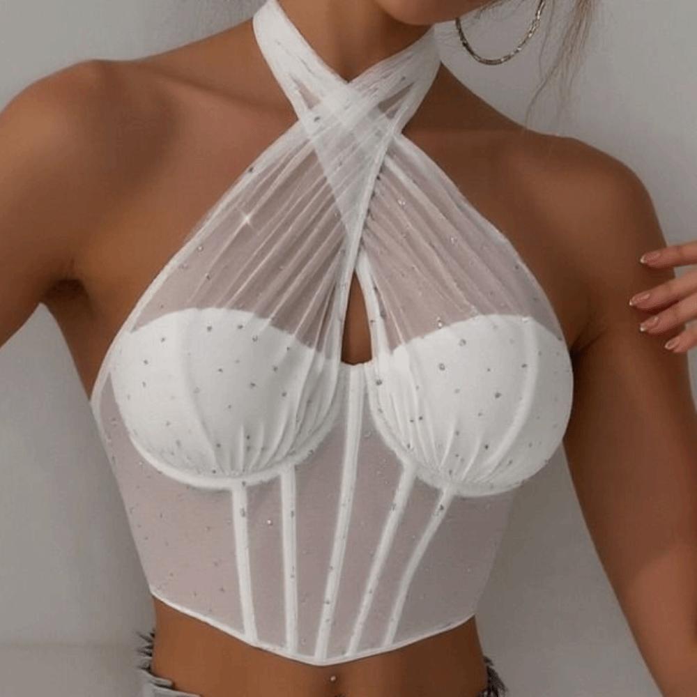 Sleeveless Mesh Crystal Camisole Slim Fit Corset Fishbone Camisole Neck Halter Crop Top Party