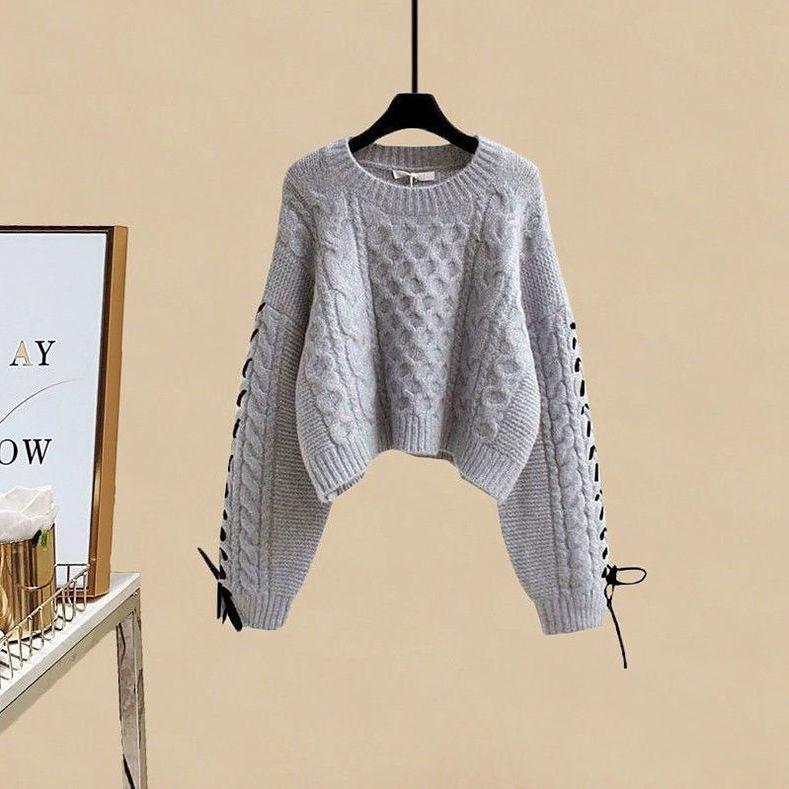 Осень-зима женские юбки костюмы пуловер вязаный свитер трикотажная юбка комплект из двух частей эластичный свитер с круглым вырезом юбка-трапеция наряды