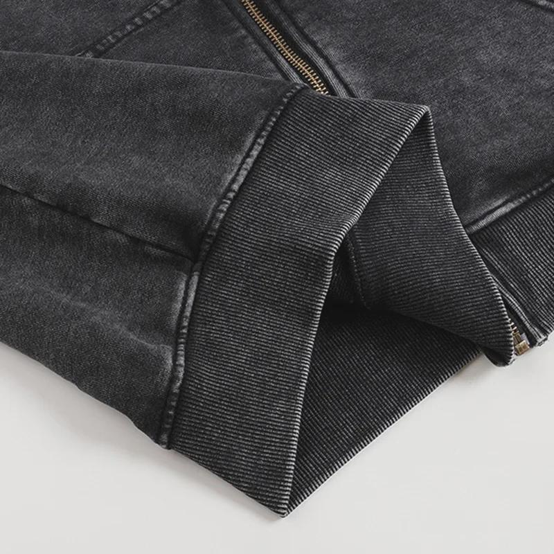 Толстовка с капюшоном из махровой ткани с потертостями на молнии, плотностью 350 г, большой размер, спущенное плечо, хлопок в стиле ретро