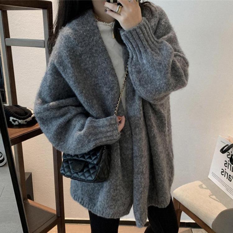 Women's Casual Solid Color Loose Knitted Cardigan Sweater Jacket Top