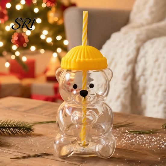 Eco Friendly Sippy Cup Bear Shape with Straw Lid 500ml Heat-Resistant Glass Tumbler Reusable Cold for Iced Coffee Milk Tea Juice