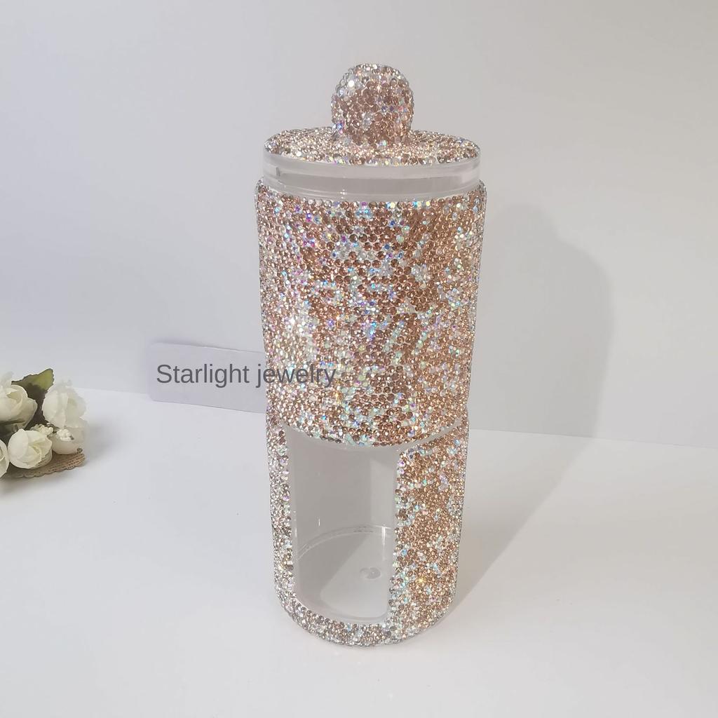 Luxury Acrylic Brush Organizer with Lid Sparkling Rhinestones Cosmetic Makeup Organizer Box Round Storage Container