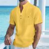 Men's Cotton and Linen Short Sleeved Stand Up Collar Half Buttoned Shirt - Spring and Summer Casual Outdoor Wear