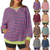 Women's Oversized Striped Color Blocking Long Sleeved Round Neck Sports Shirt Casual Loose Fitting Pullover Shirt Top