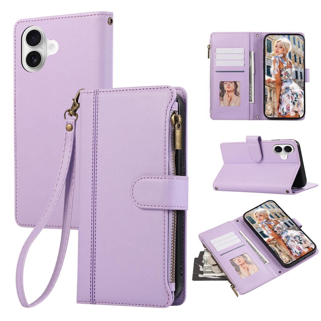 For iPhone 17 Case Multi Card Slots Zipper Leather Phone Cover with Wrist Strap