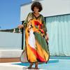 Boho Printed Plus Size Kaftan 2024 Women V-neck Bat Sleeve Loose Robe Summer Vacation Beach Maxi Dress Swimwear Cover Up