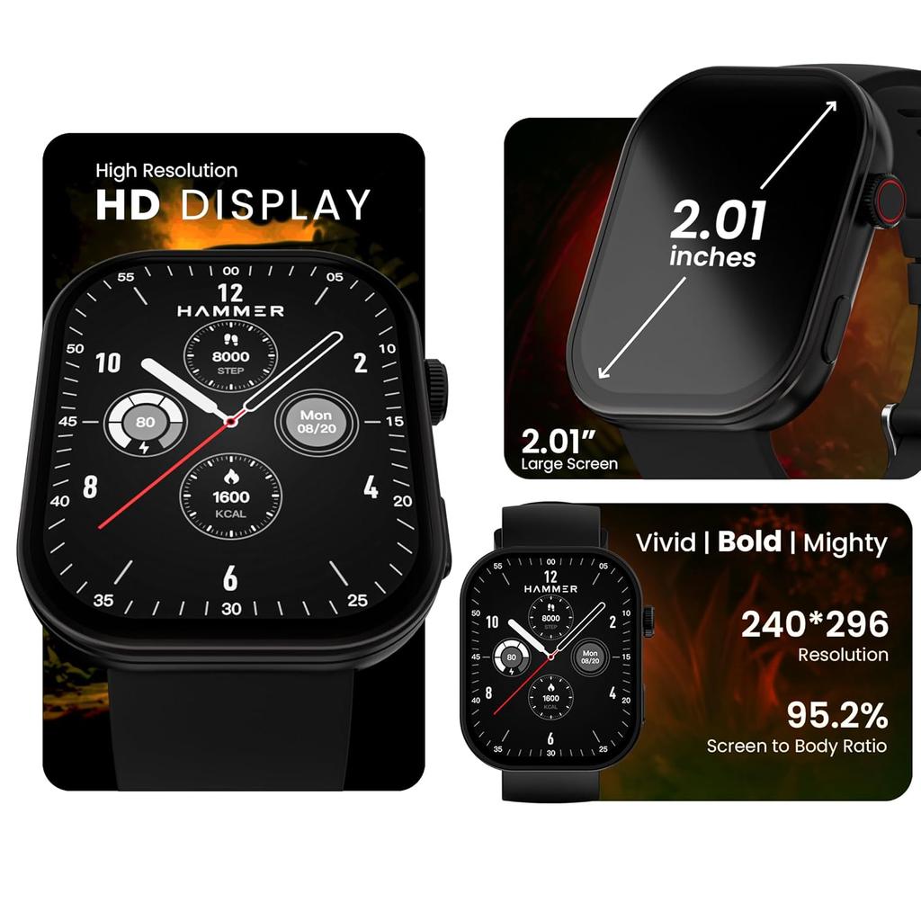 Hammer Умные часы Tussle с дисплеем HD 2,01 дюйма, возможностью звонков по Bluetooth, вращающейся заводной головкой, голосовым помощником, встроенными играми, интеллектуальными уведомлениями, пудрово-черный цвет