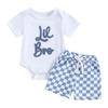 Комплект шорт для мальчика, ромпер с коротким рукавом и круглым вырезом, с вышивкой букв, шорты в клетку, 2 предмета