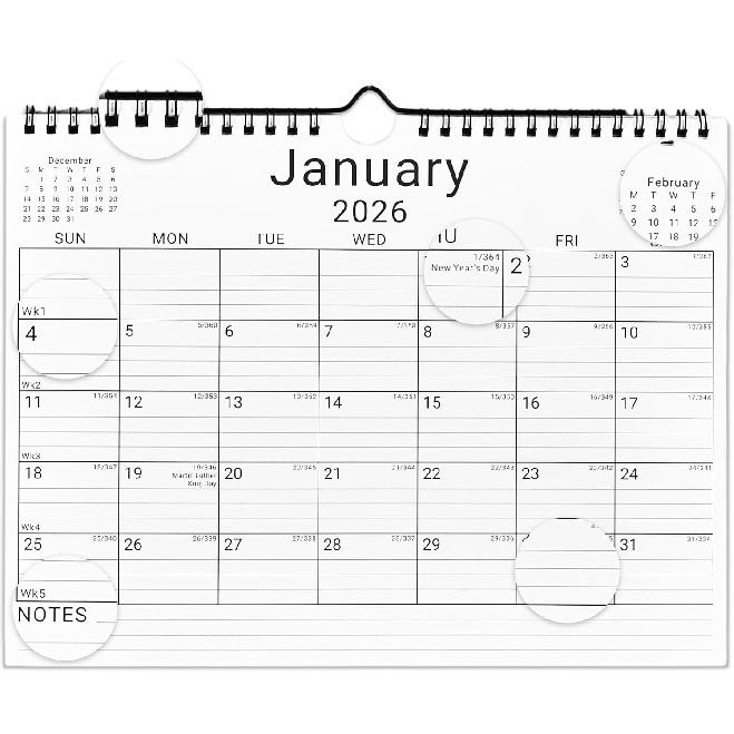 2026 Wall Calendar, 12 Month 11”x8.5 ‘’ Year Monthly Organizer from January 2026-2027 Small Mini Horizontal Blank Spiral Bound Wire Hanging
