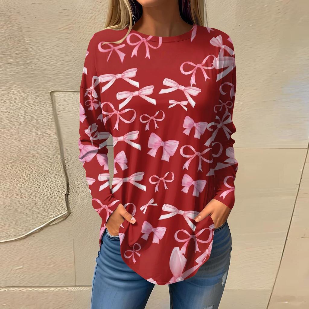 Women's Loose Casual Bow Printed Round Neck Long Sleeved T Shirt Top Pullover Long Sleeved Sweatshirt