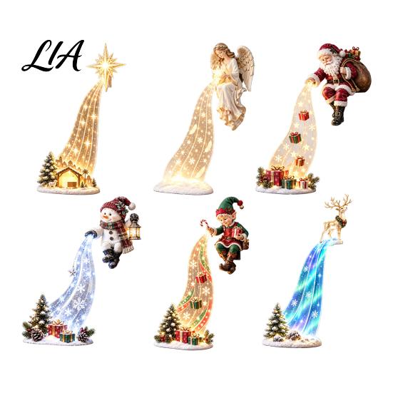 Cozy Holiday Room Lighting LED Waterfall Christmas Shelf Sitter Figurine, Light Up Santa Claus Snowman Festive Mantel Display Angel Statue, Bookshelf