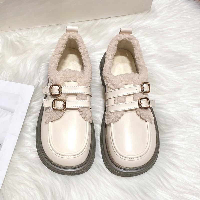 Лоферы женские осень/зима 2024 теплая флисовая обувь первого слоя из коровьей кожи женская обувь с низким верхом из овечьей шерсти модные маленькие кожаные туфли