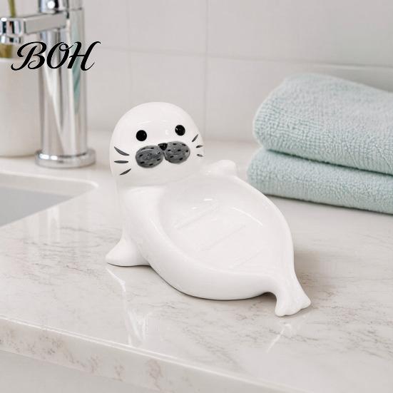 Non-slip Soap Container Cute Seal Ceramic Dish, with Self-Draining Design, Sponge Drainage Tray Organizer Tray, for Bathroom Countertop And