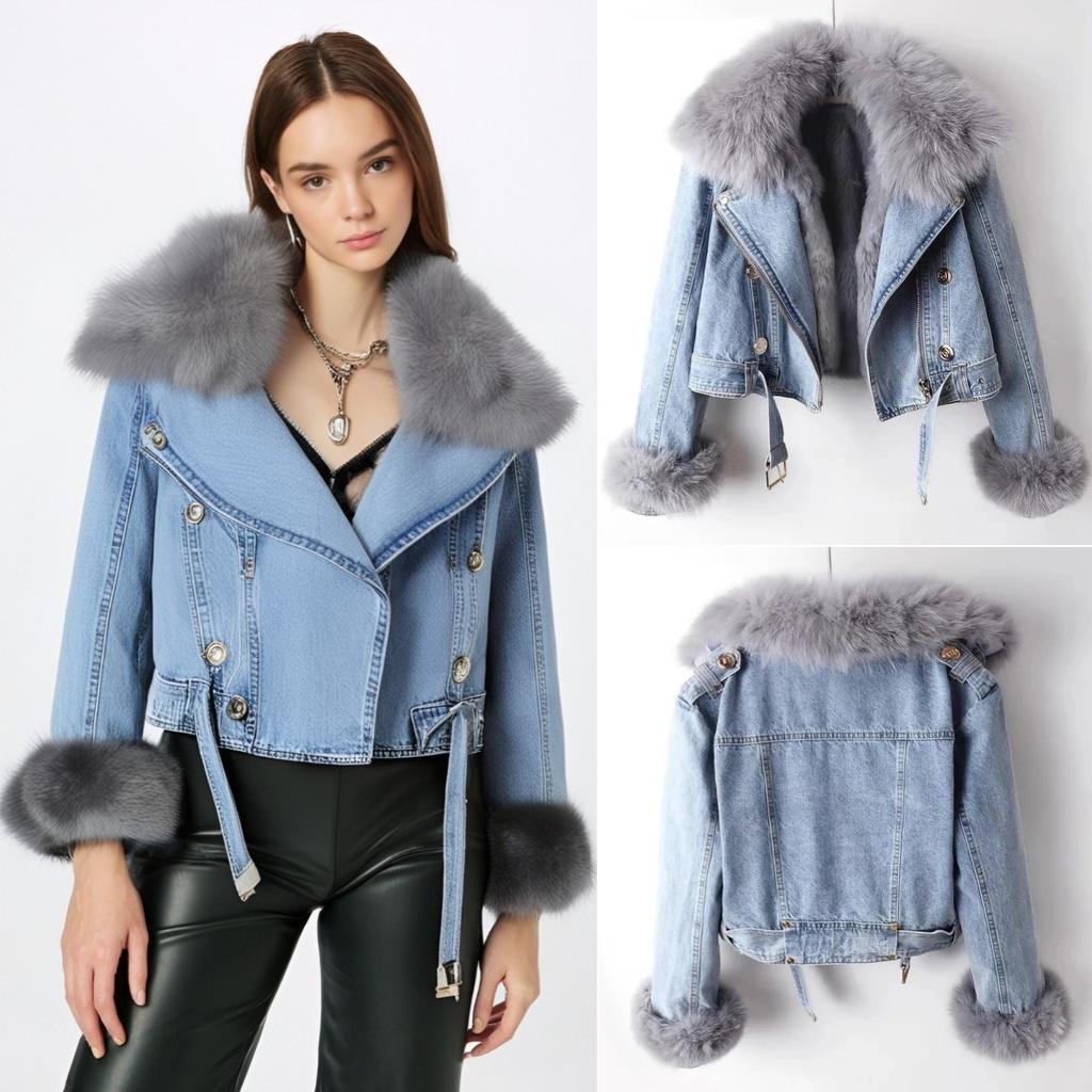 2024 Новое женское джинсовое пальто с воротником из искусственного меха лисы, зимняя куртка, женские короткие теплые парки, подкладка из кроличьей шерсти, верхняя одежда, модное пальто
