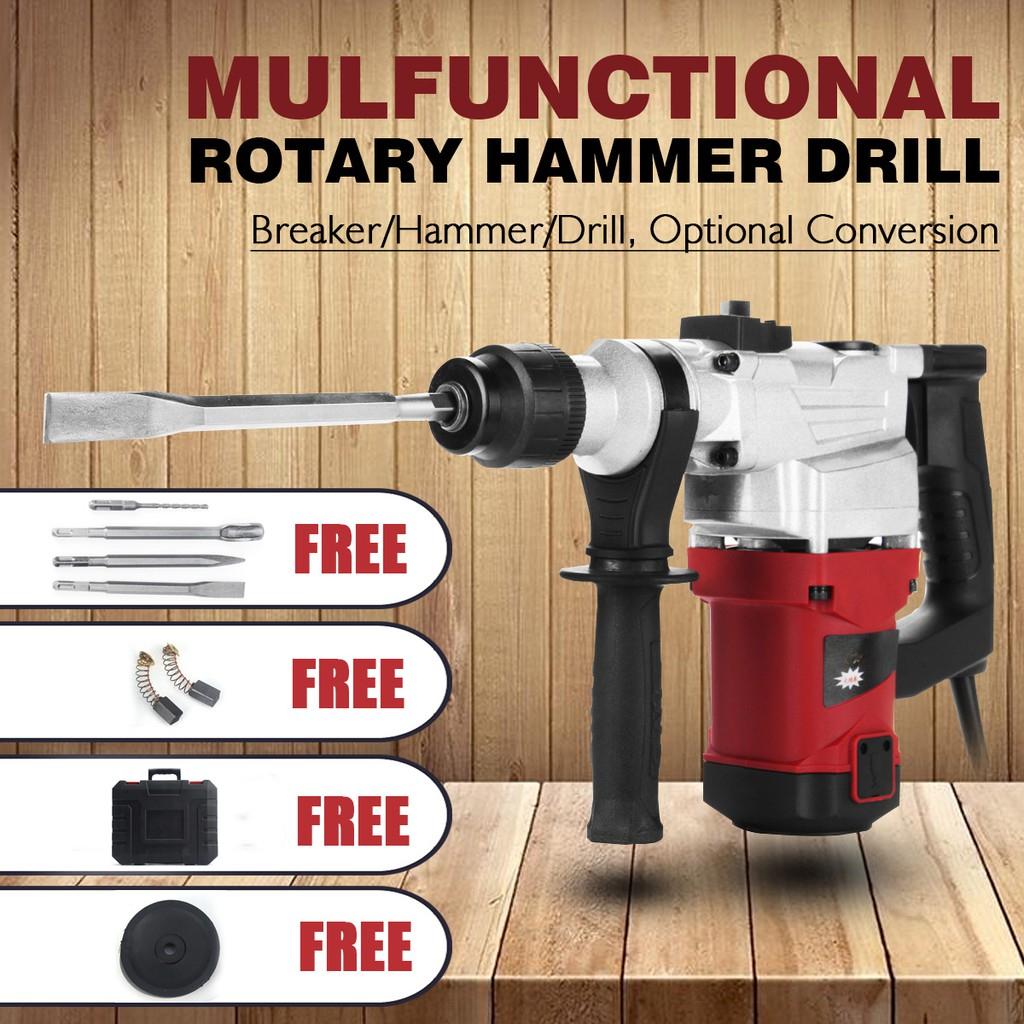 220V Electric Demolition Jack Hammer Rotary Jackhammer Electric Concrete Drill + 4 Chisels 5200BPM 1850W