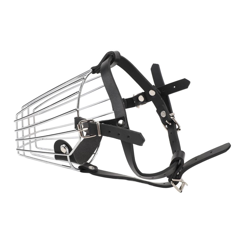 Dog Muzzle Stainless Steel Basket Leather Strap Breathable Prevent Biting Adjustable Muzzle for