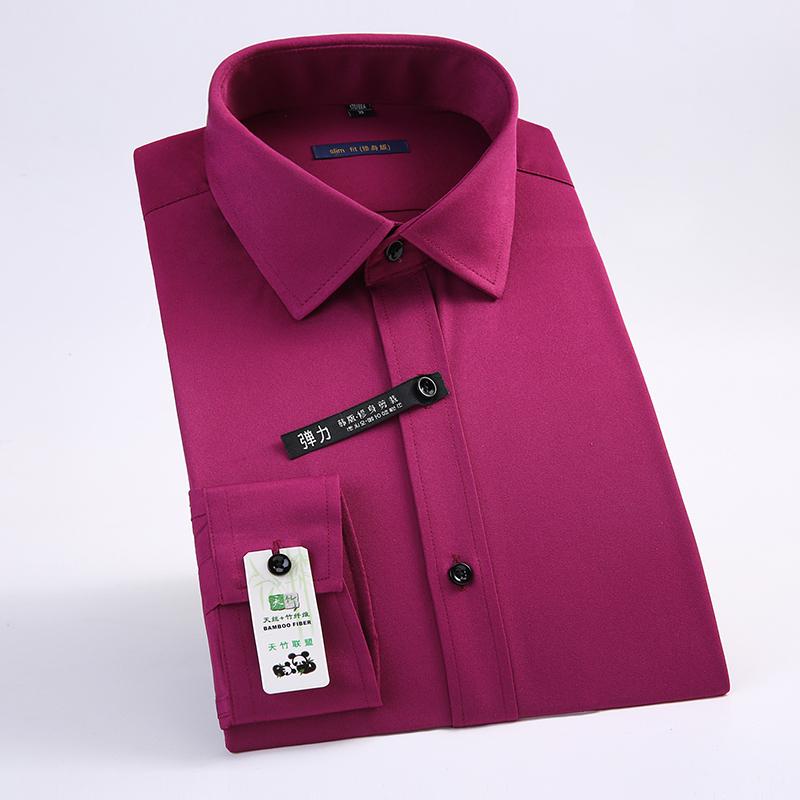 Отличные однотонные классические мужские рубашки с длинным рукавом и отложным воротником из бамбукового волокна, эластичные облегающие рубашки для социальных сетей