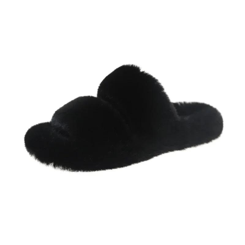 Women Fur Warm Winter Furry Fur Shoes Fluffy Plush Slippers Home House Indoor Shoes Bedroom Slippers Female Ladies Round Toe