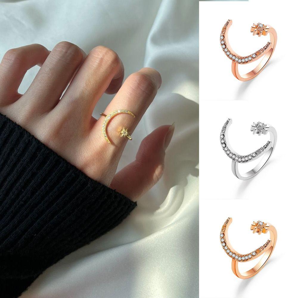 Корейский стиль кольцо для пары кольцо с полумесяцем из страз ретро кольца с открытием в виде звезды и луны друг