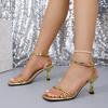 Мода 2025 Сексуальные женские золотые босоножки на высоком каблуке Женские босоножки на тонком ремешке Металлические босоножки-стилет Золотые туфли на каблуке