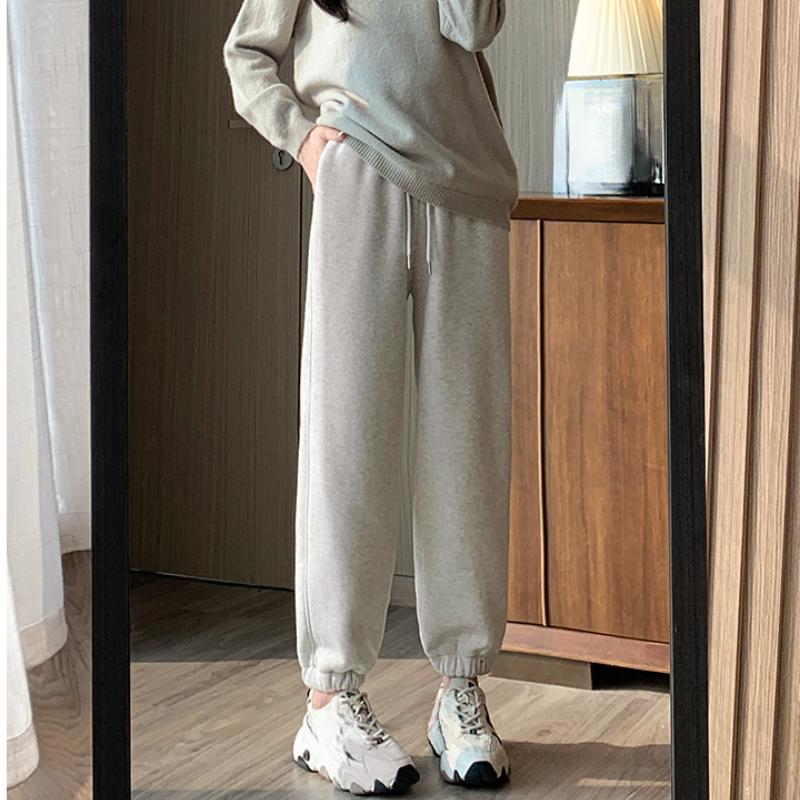 Осенние и зимние теплые флисовые широкие брюки женские модные однотонные узкие повседневные брюки с высокой талией женские однотонные элегантные плюшевые свободные женские брюки 25698