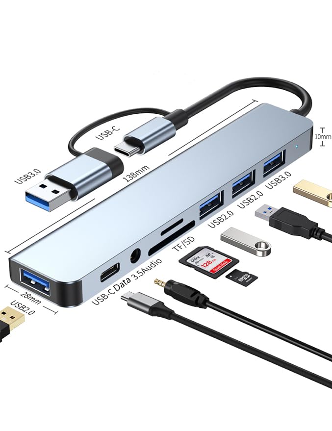 Многопортовый USB-C хаб Zacoora с 1 портом USB, 3 портами USB, кардридером SD/TF, 8-в-2, 3,5 мм + Type-C + 3.0 + 2.0 + &