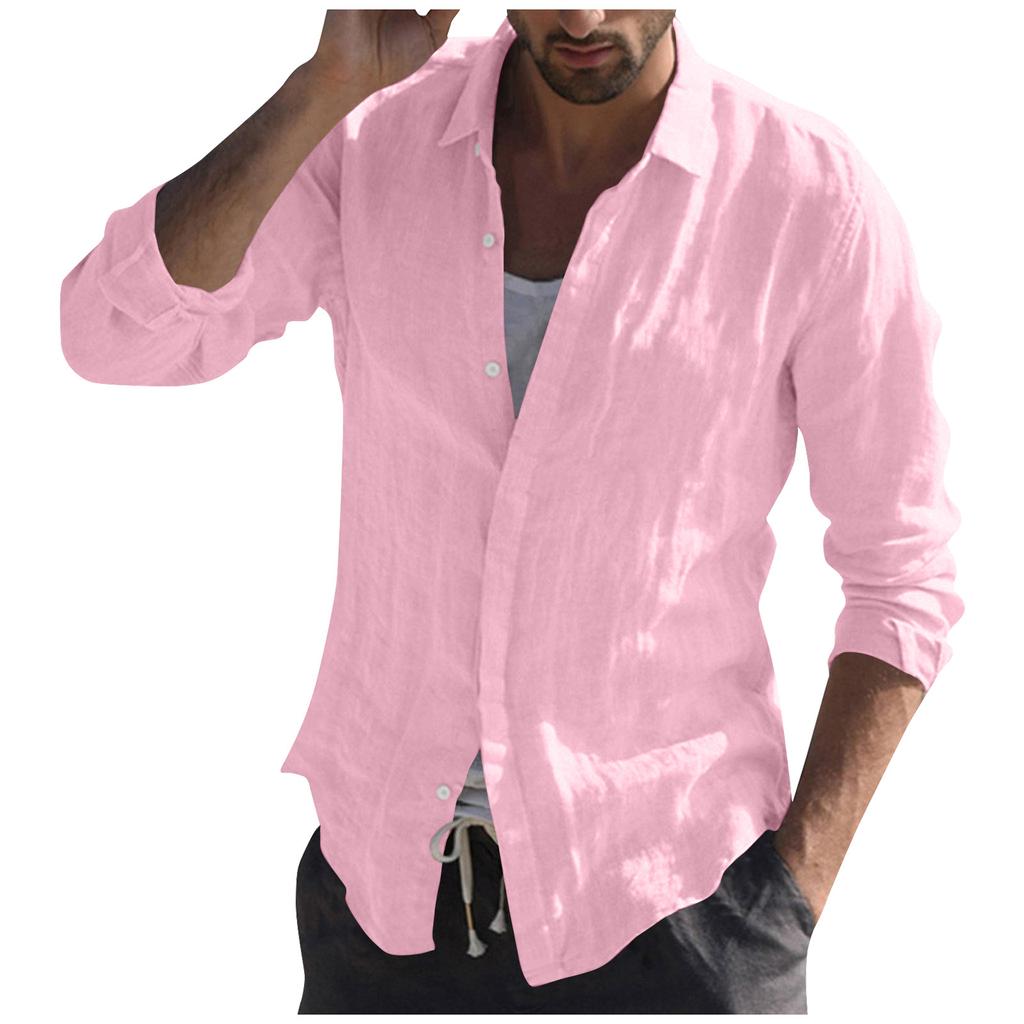 Мужская рубашка с воротником-стойкой, пляжная повседневная однотонная дышащая футболка с длинным рукавом, блузка