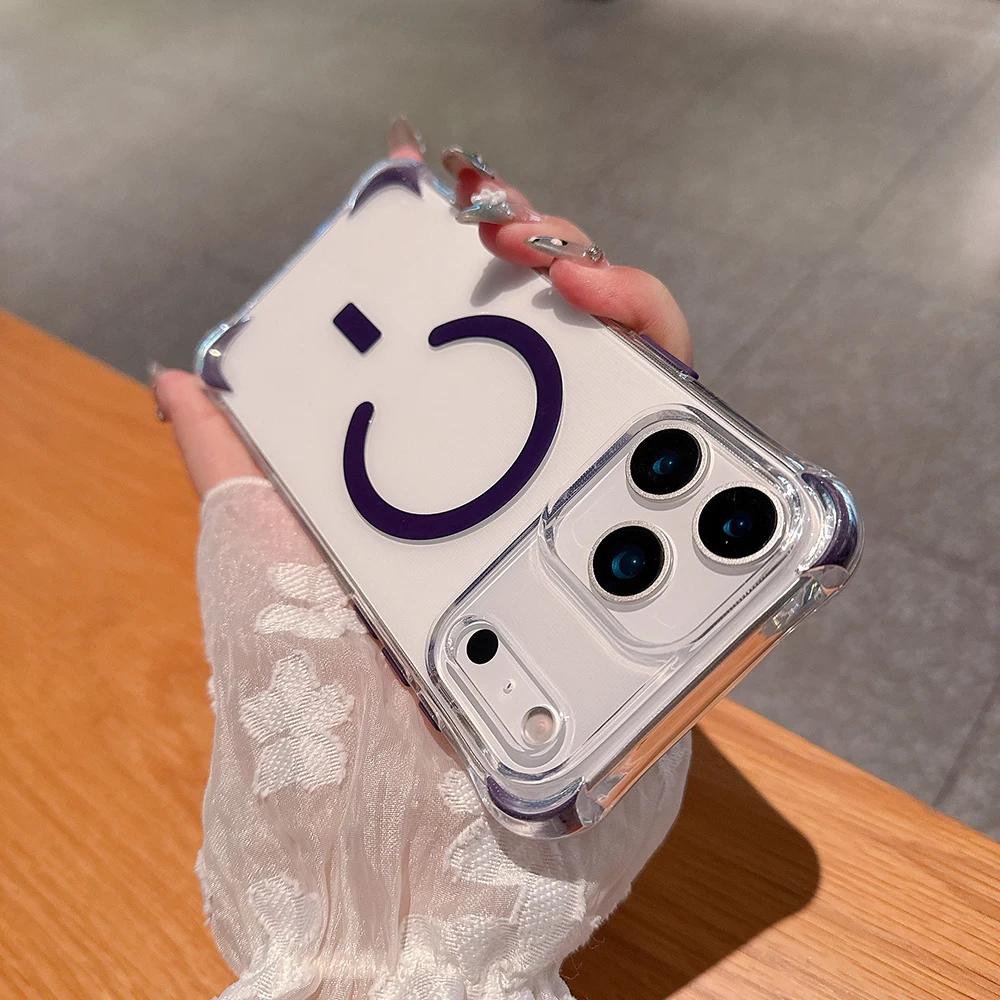 Модный Прозрачный Магнитный Чехол из ПК для Зарядки для IPhone 17 Air 16 15 14 Plus 13 12 Pro Max Четыре Угла Подушка Безопасности Ударопрочный Жесткий Чехол